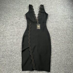 VALIANT PARIS Black Bandage Bodycon Dress S Scallop Trim V-Neck MSRP $259